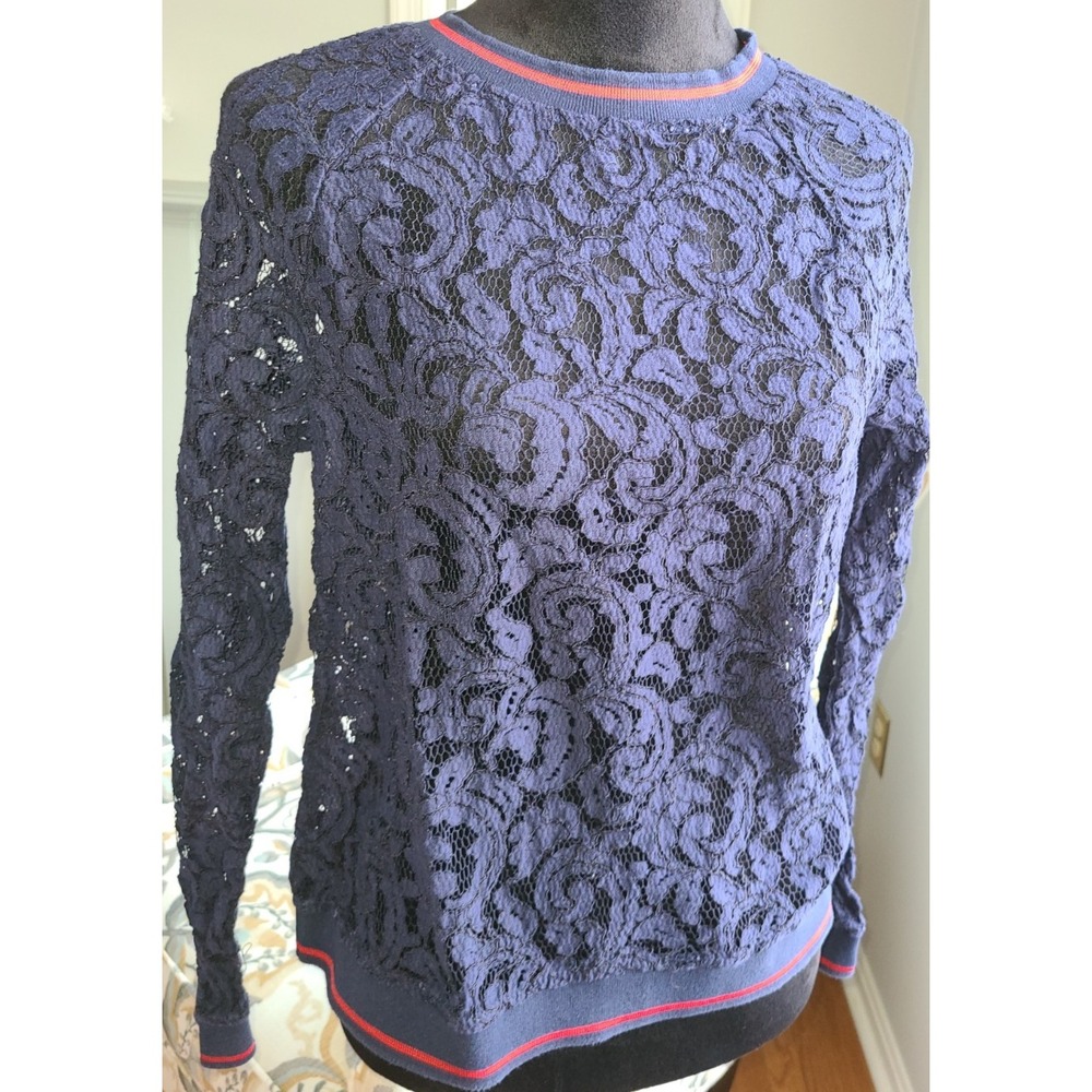 Nordstrom Women's Top Halogen Cotton Blend Rib Trim Lace Long Sleeve SZ S
